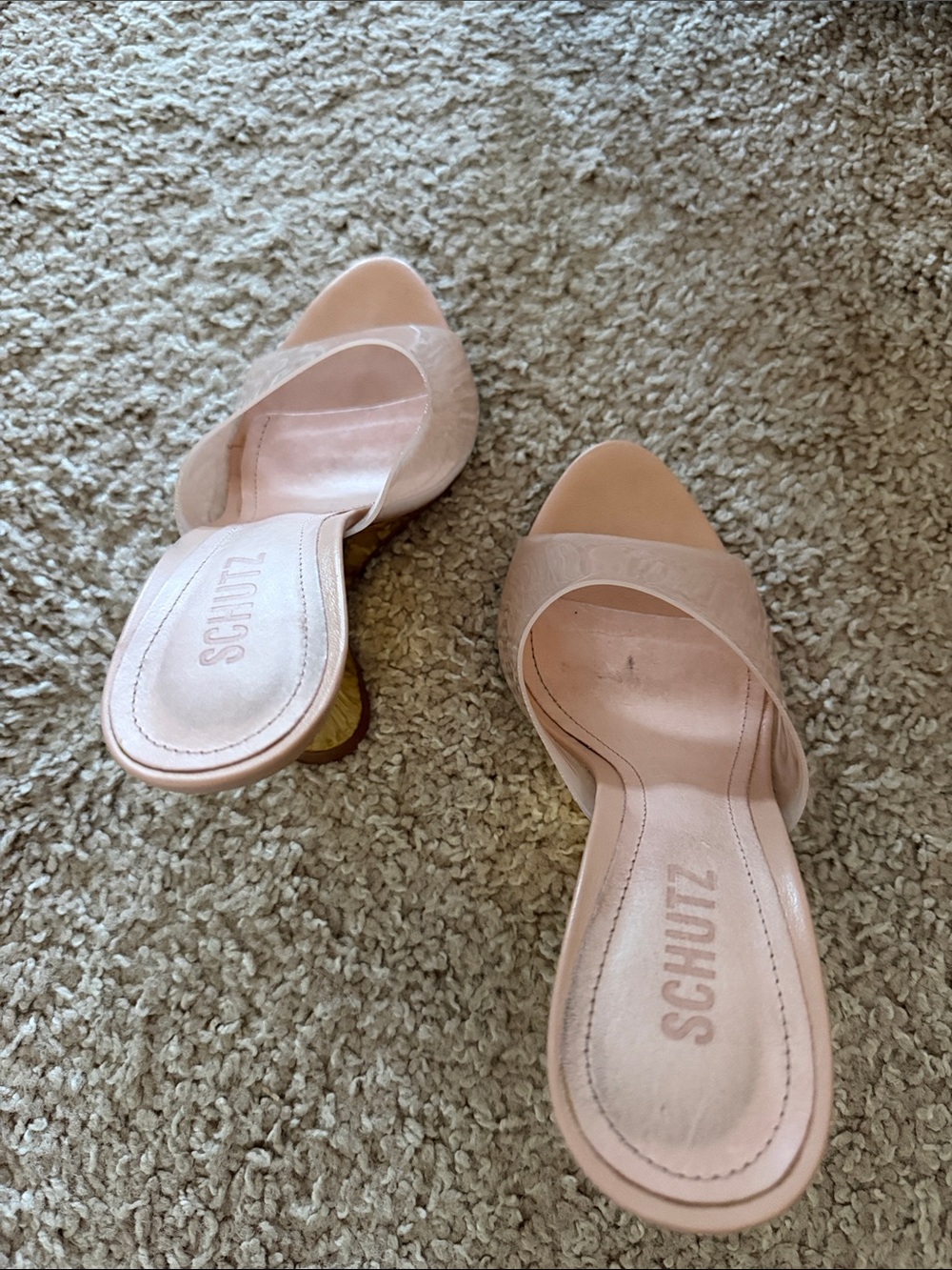 SCHUTZ Blush Pink Clear Band Mules with Gold Sculpted Heel - Picture 3 of 6